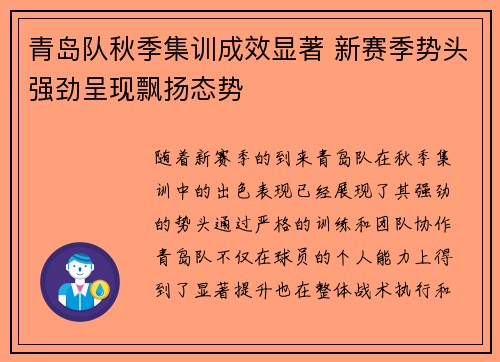 青岛队秋季集训成效显著 新赛季势头强劲呈现飘扬态势
