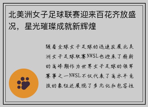 北美洲女子足球联赛迎来百花齐放盛况，星光璀璨成就新辉煌