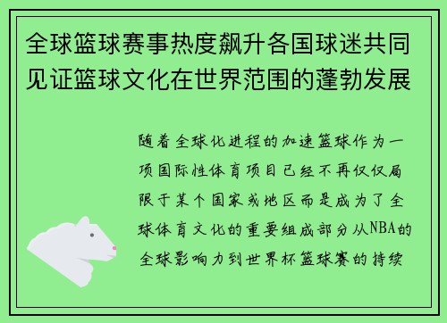 全球篮球赛事热度飙升各国球迷共同见证篮球文化在世界范围的蓬勃发展