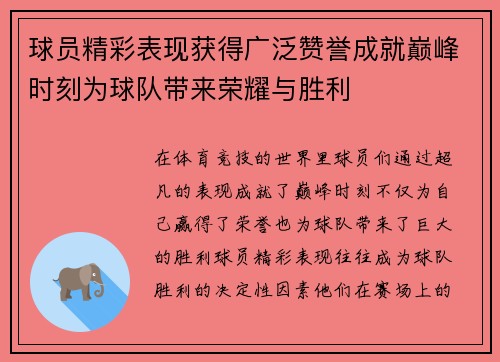 球员精彩表现获得广泛赞誉成就巅峰时刻为球队带来荣耀与胜利