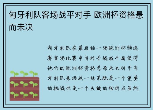 匈牙利队客场战平对手 欧洲杯资格悬而未决