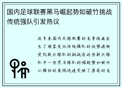 国内足球联赛黑马崛起势如破竹挑战传统强队引发热议