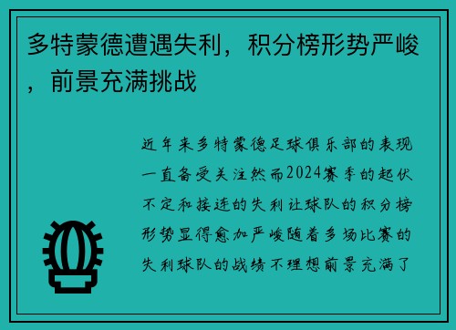多特蒙德遭遇失利，积分榜形势严峻，前景充满挑战