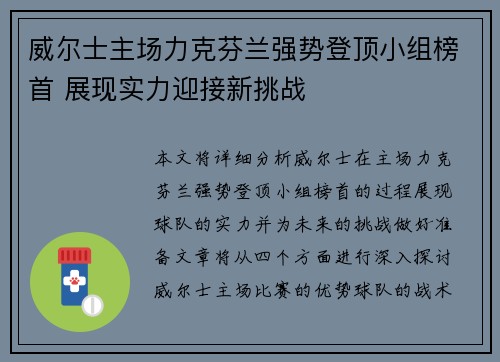 威尔士主场力克芬兰强势登顶小组榜首 展现实力迎接新挑战