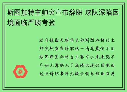 斯图加特主帅突宣布辞职 球队深陷困境面临严峻考验