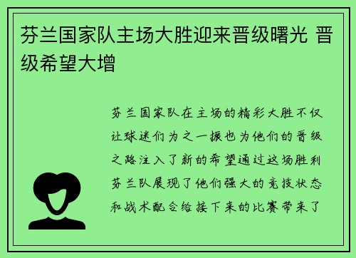 芬兰国家队主场大胜迎来晋级曙光 晋级希望大增