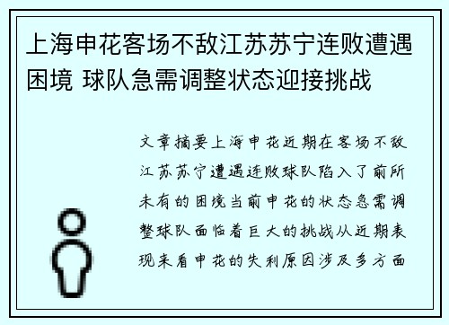 上海申花客场不敌江苏苏宁连败遭遇困境 球队急需调整状态迎接挑战
