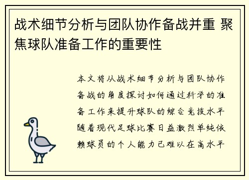 战术细节分析与团队协作备战并重 聚焦球队准备工作的重要性