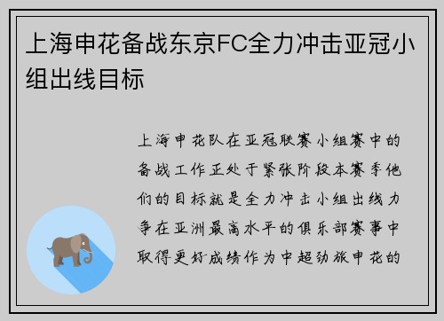 上海申花备战东京FC全力冲击亚冠小组出线目标