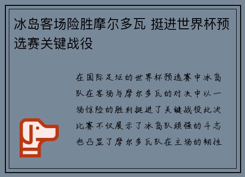 冰岛客场险胜摩尔多瓦 挺进世界杯预选赛关键战役