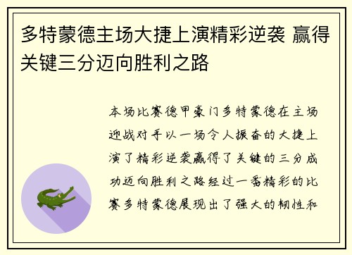 多特蒙德主场大捷上演精彩逆袭 赢得关键三分迈向胜利之路