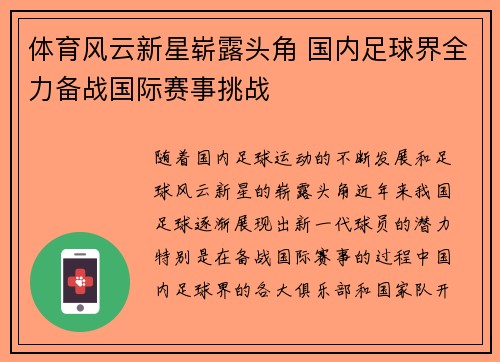 体育风云新星崭露头角 国内足球界全力备战国际赛事挑战